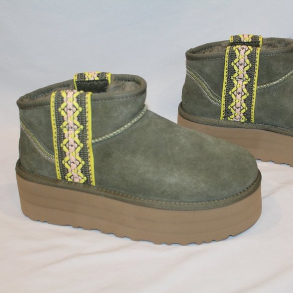 NIB UGG PLATFORM TASMAN BRAID ULTRA MINI SUEDE SHEARLING LINED BOOTS OLIVE GREEN - Picture 4 of 8